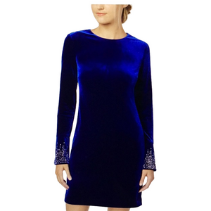 CALVIN KLEIN Bling Bell Sleeve Blue Velvet Velour Holiday Party Dress Sz M  NWT